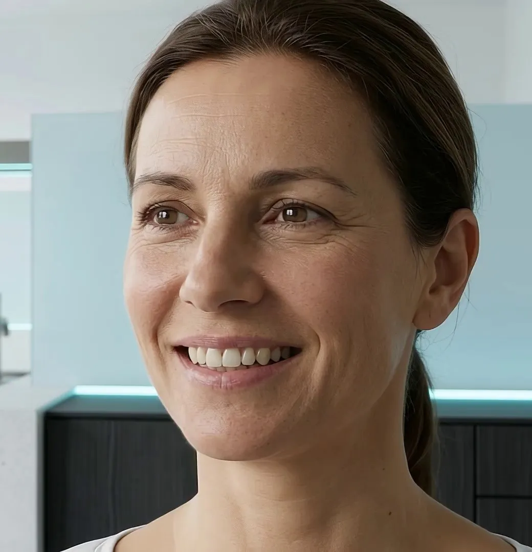 Lächelnde Frau Mitte vierzig mit zurückgebundenem Haar in einem hellen Praxisraum (KI-generiertes Bild, keine echte Person)